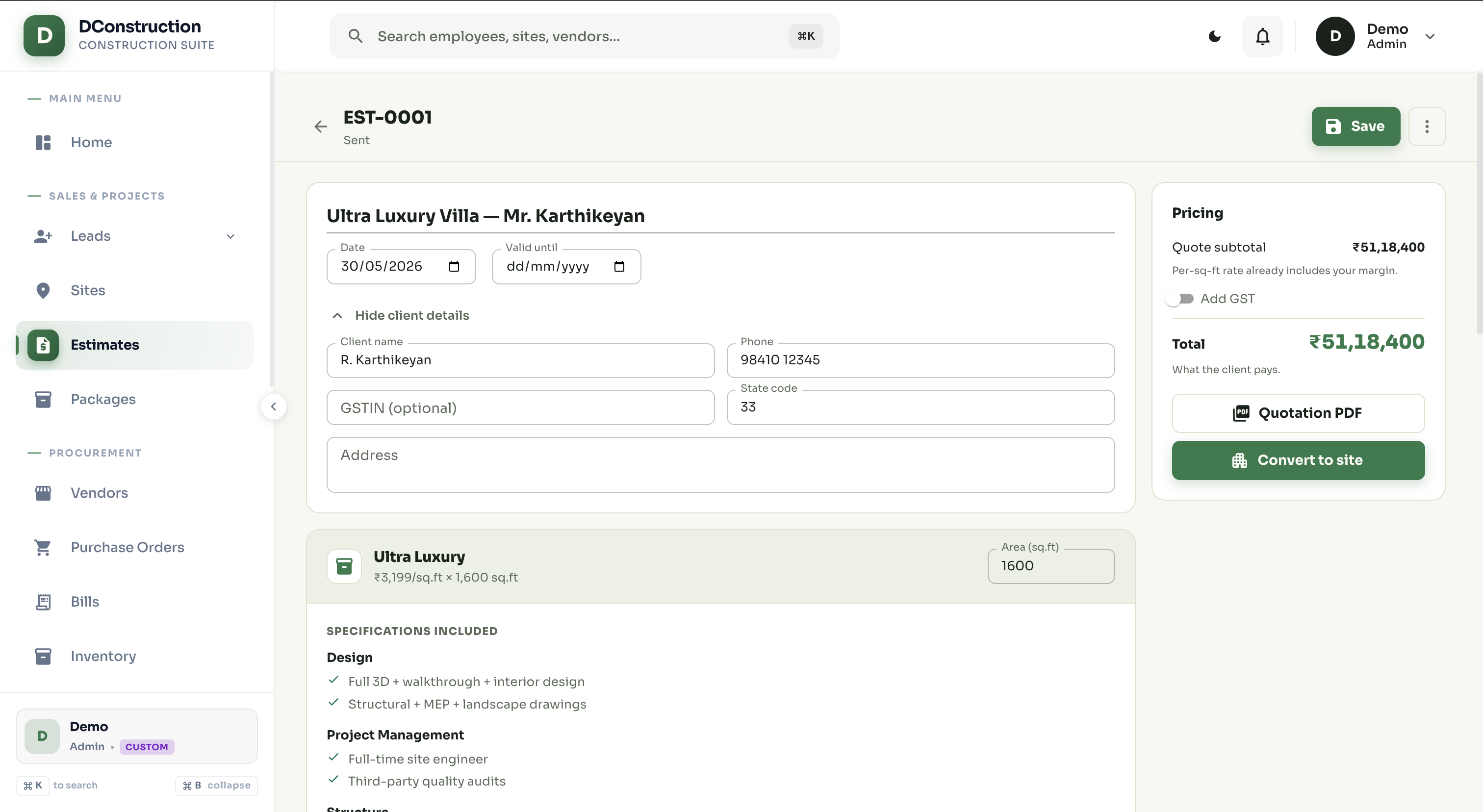 Estimating & BOQ — From your own rate book to a branded quotation