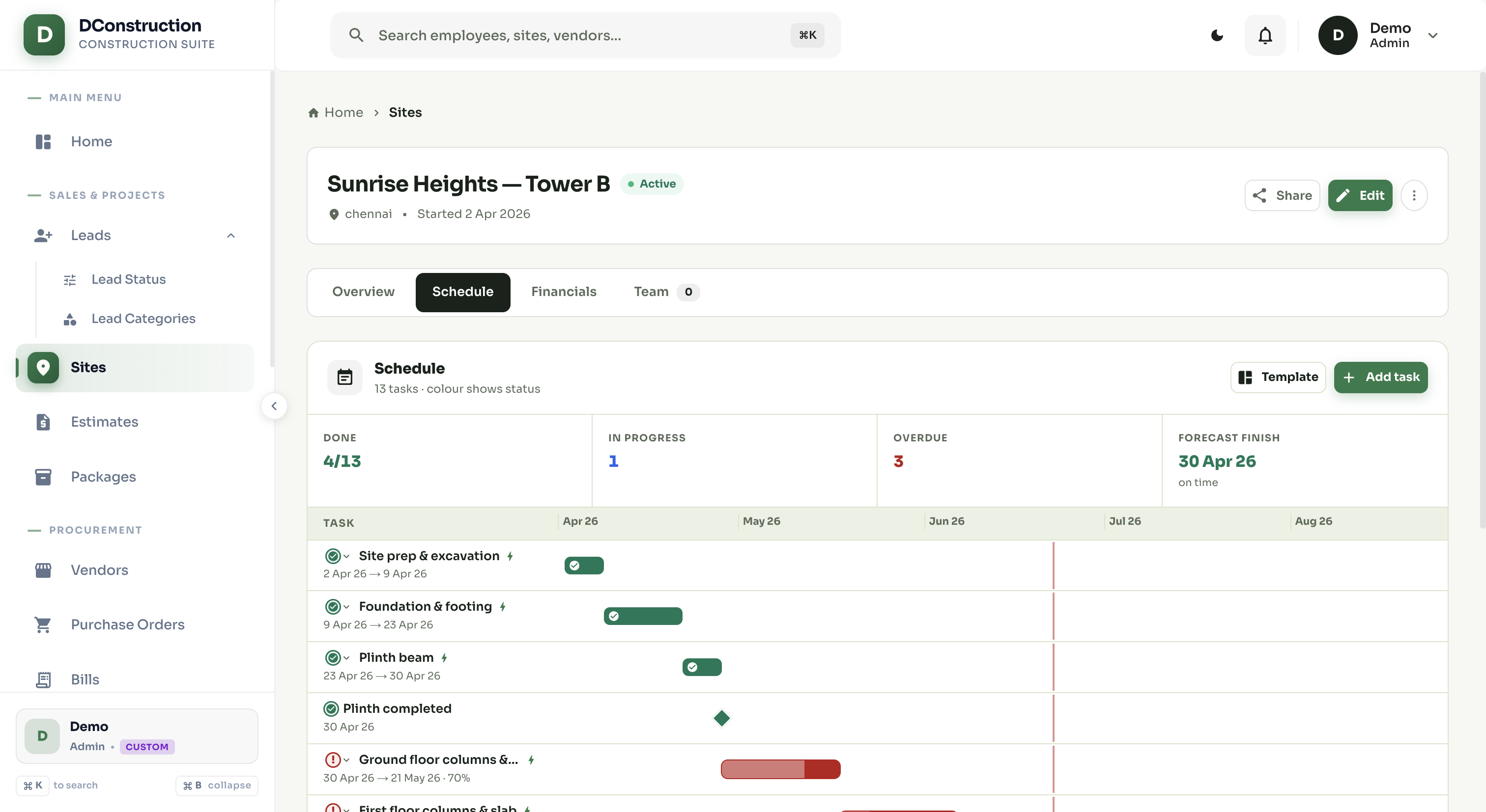 Schedule & Gantt — A schedule that knows your real finish date