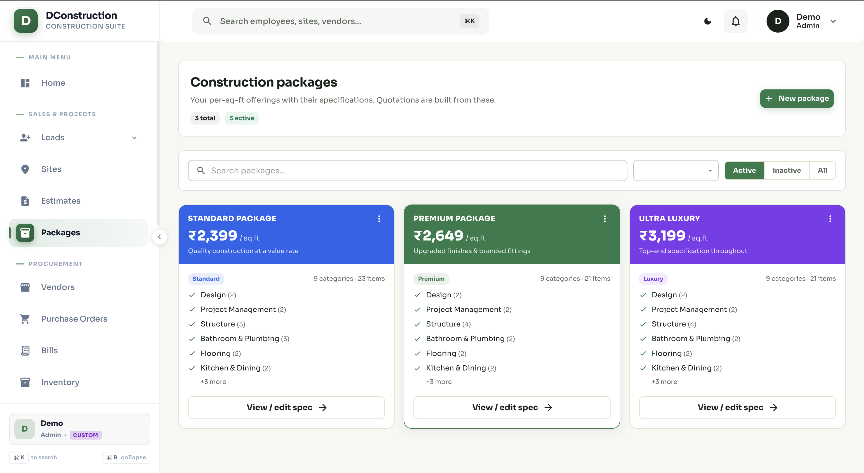 Packages & Quotations — Per-sq-ft packages clients actually understand